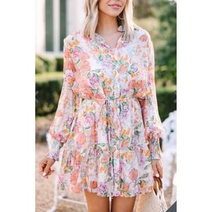 Fate Floral Mini Shirt Dress Orange Purple Button Front Smocked Cuff Medium
